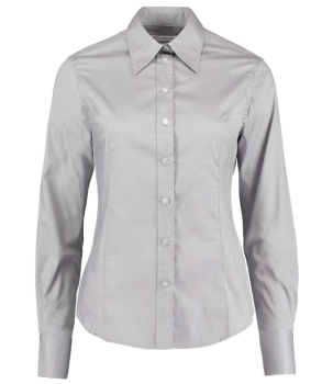 K702 Kustom Kit Ladies Premium Long Sleeve Tailored Oxford Shirt Silver